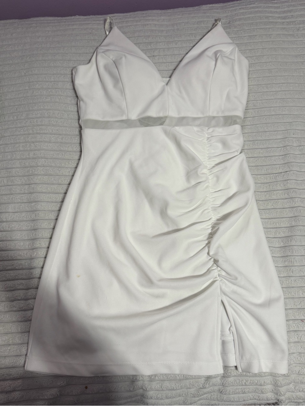 Macy's White Ruched V-Neck Spaghetti Strap Mini Dress